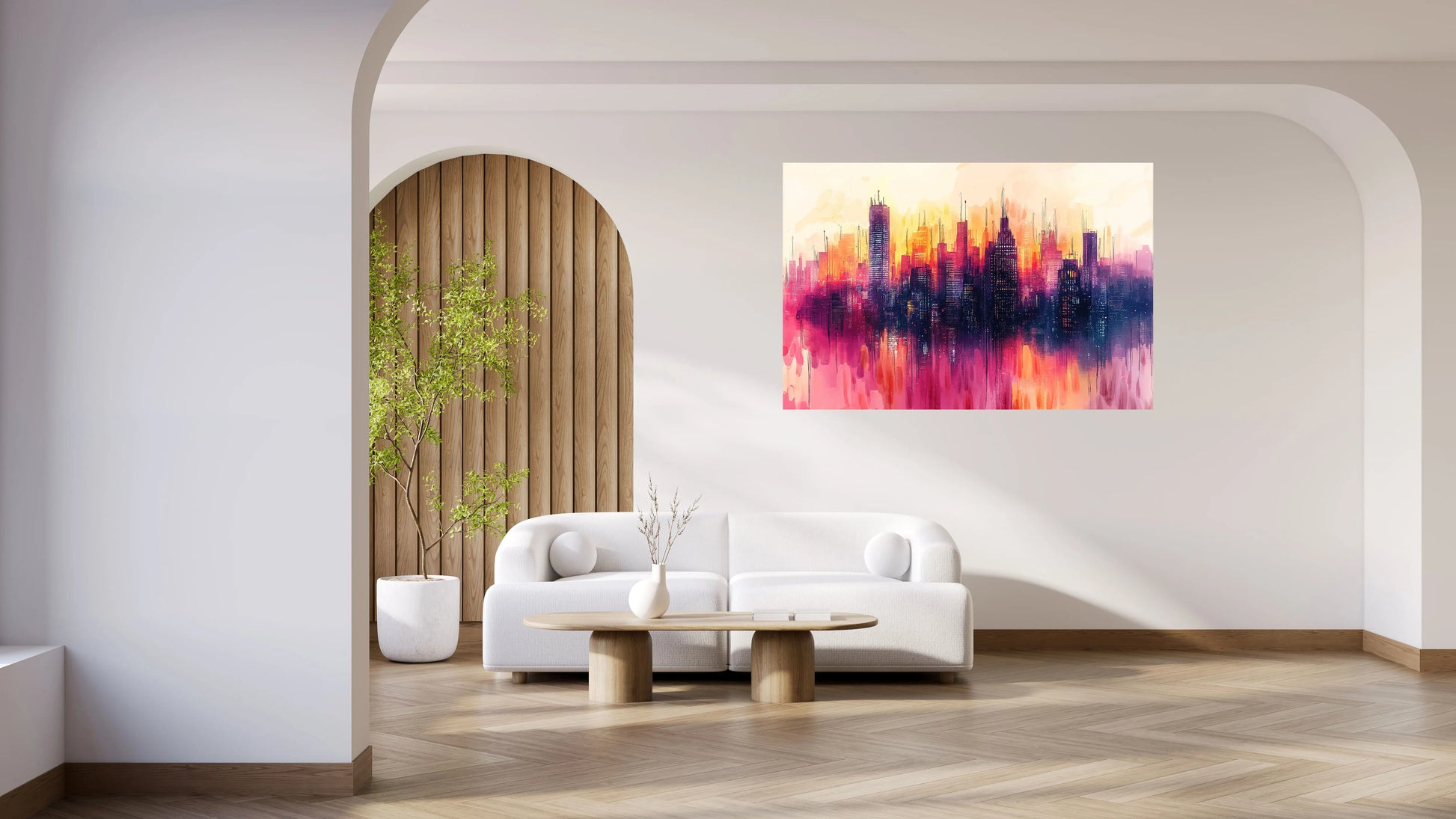 Modern living room with a colorful abstract painting on the wall.