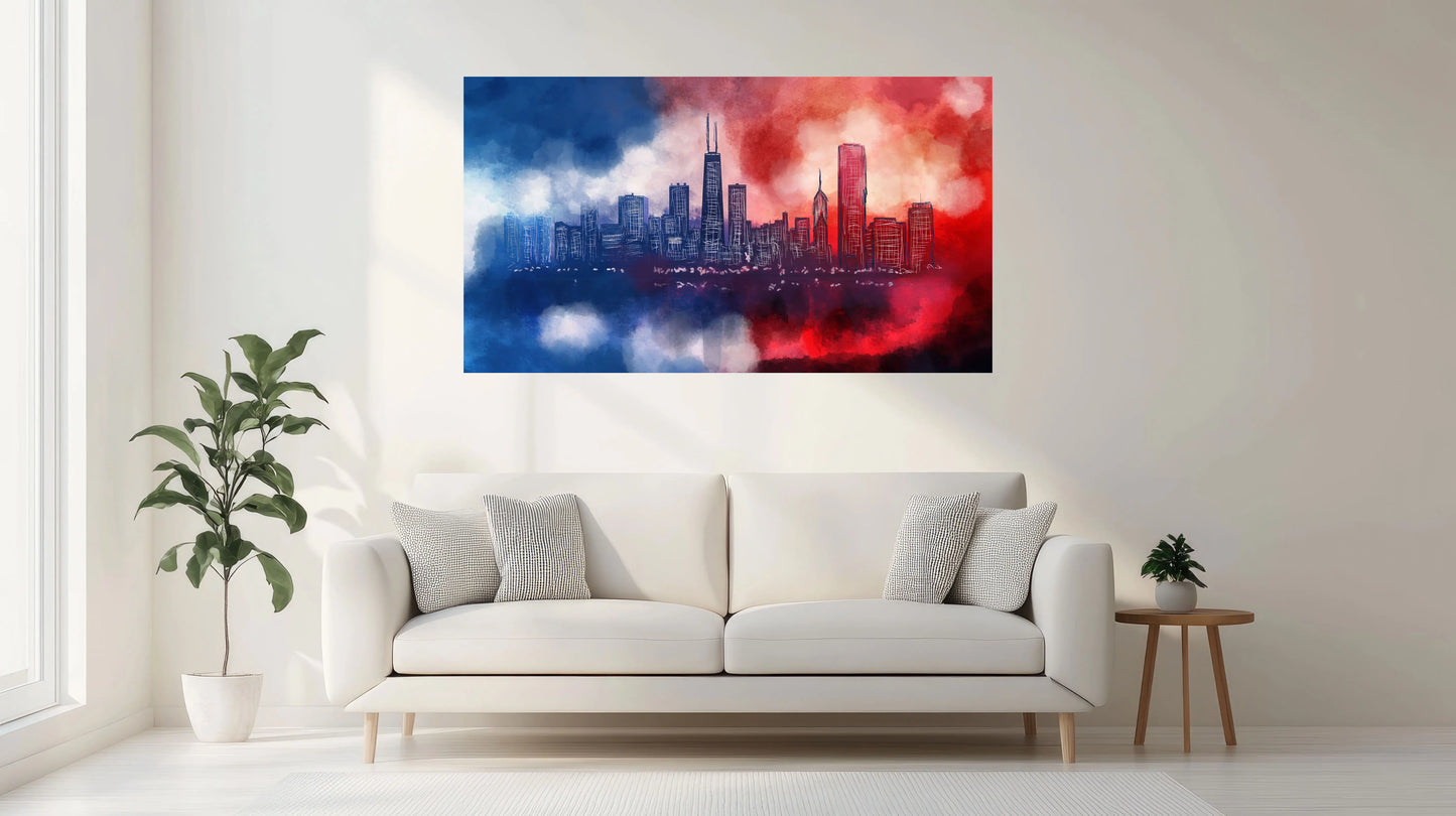 Modern living room with a white sofa, plant, and abstract cityscape painting on the wall.