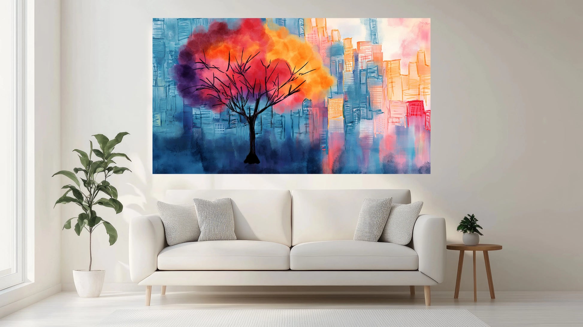 Urban Flame colourful geometric tree and city skyline art print in a luxury minimal living room with feature wall, by Phillip J Gordon.