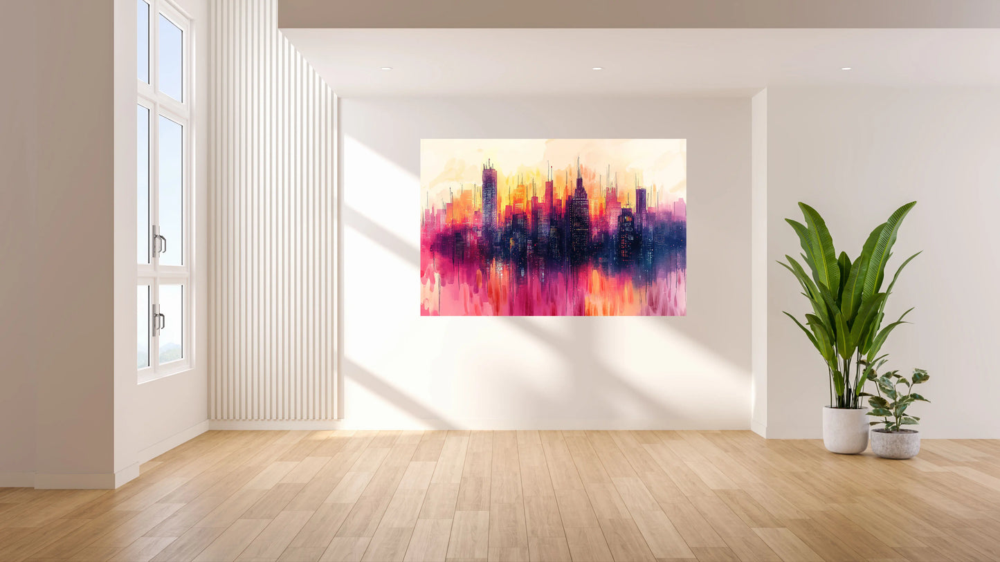 Colorful cityscape painting on a wall in a modern room with plants and open door.