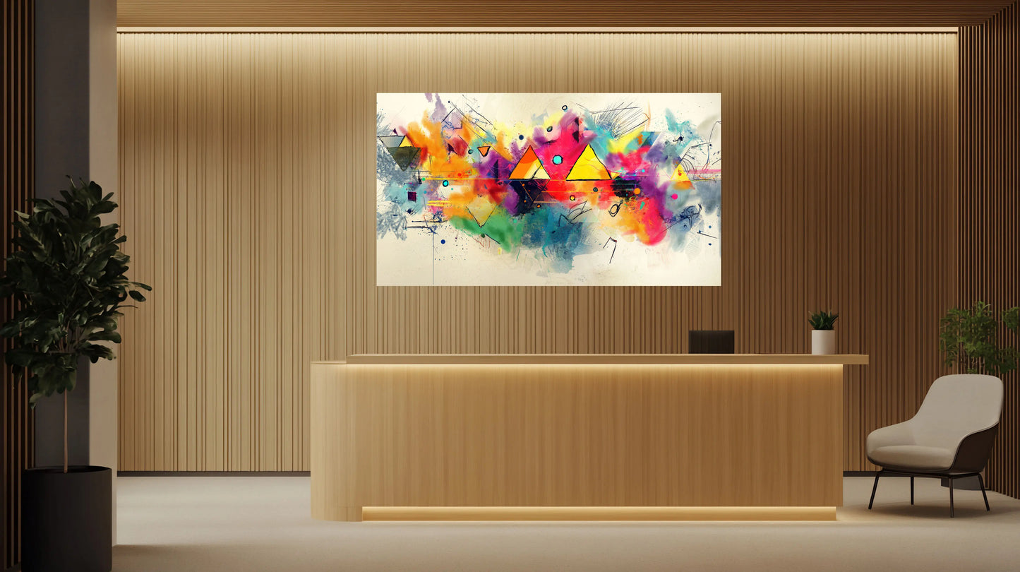 Modern interior with a colorful abstract painting on a wall above a reception desk.