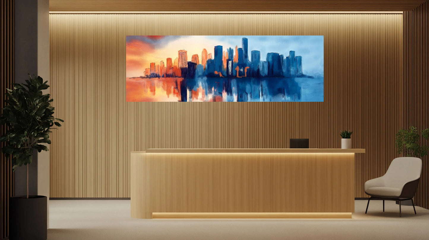 Dawn Reflection serene geometric cityscape watercolour art print displayed in a modern hotel lobby, by Phillip J Gordon.