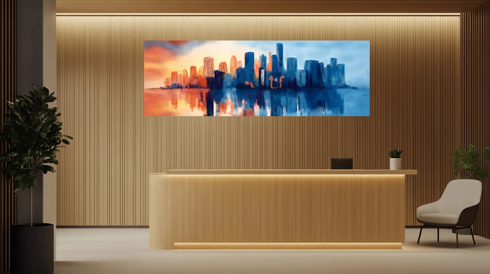 Dawn Reflection serene geometric cityscape watercolour art print displayed in a modern hotel lobby, by Phillip J Gordon.