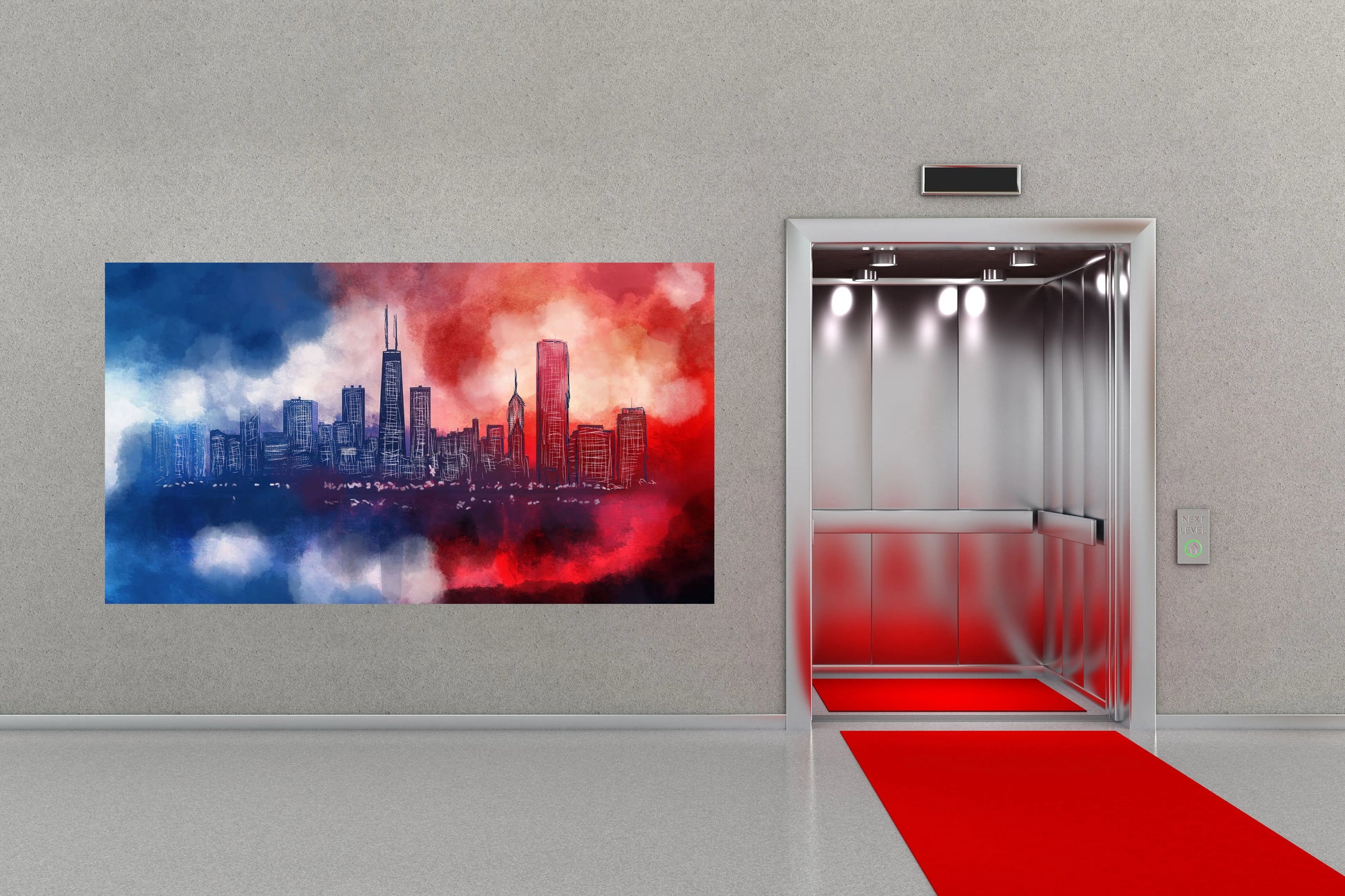 Elevator with red carpet leading to a painting of a city skyline on a wall.