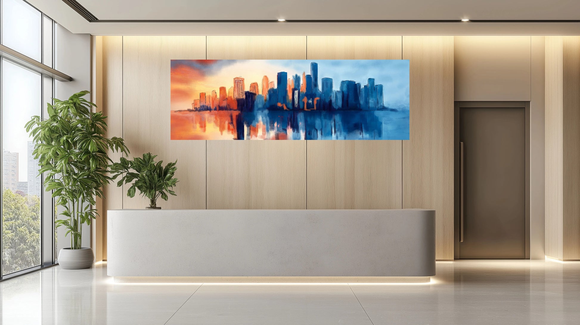 Dawn Reflection calm sunrise cityscape watercolour art print in a luxury corporate lobby setting, by Phillip J Gordon.