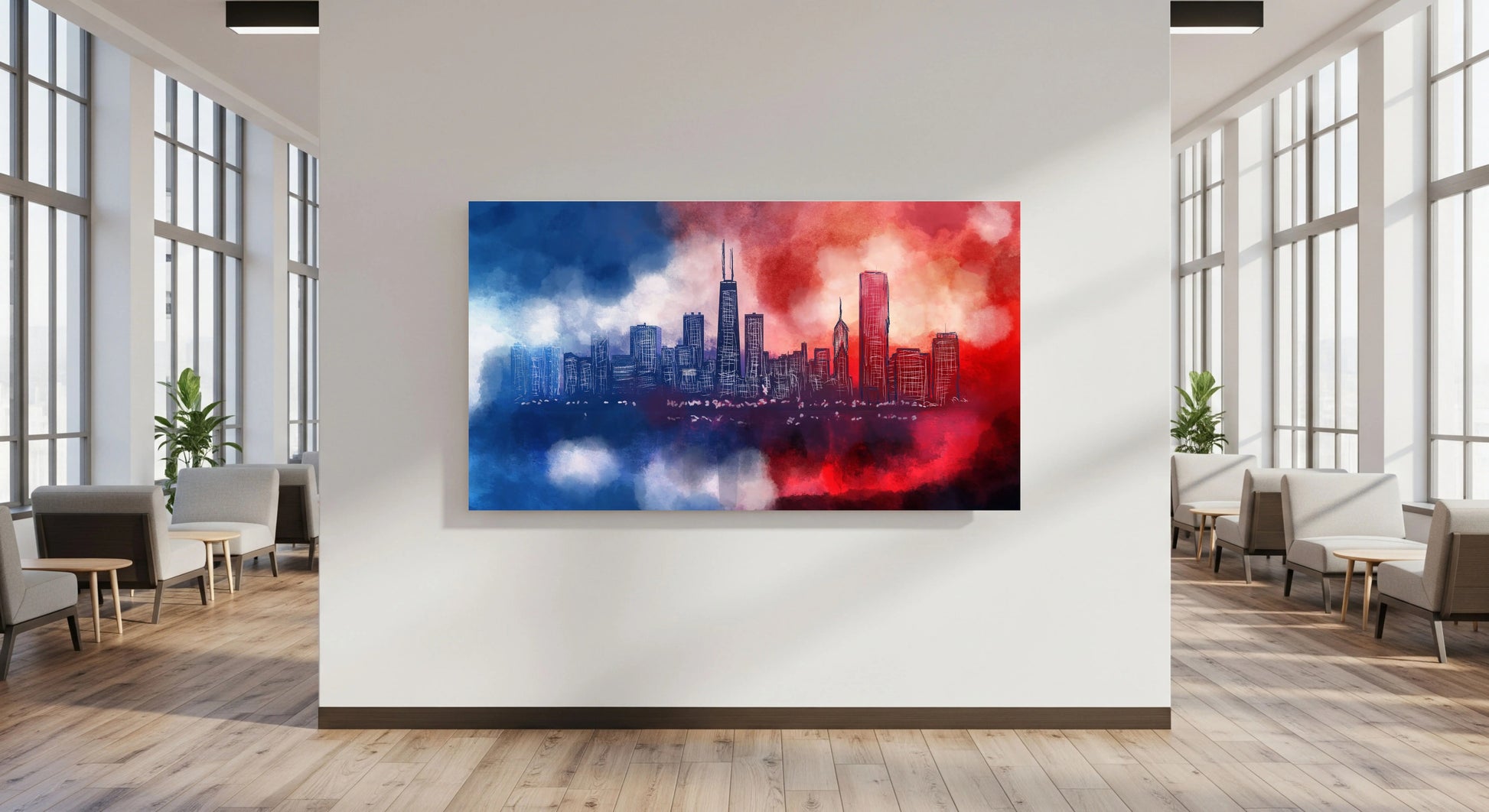 Colorful cityscape painting on a wall in a modern office setting.