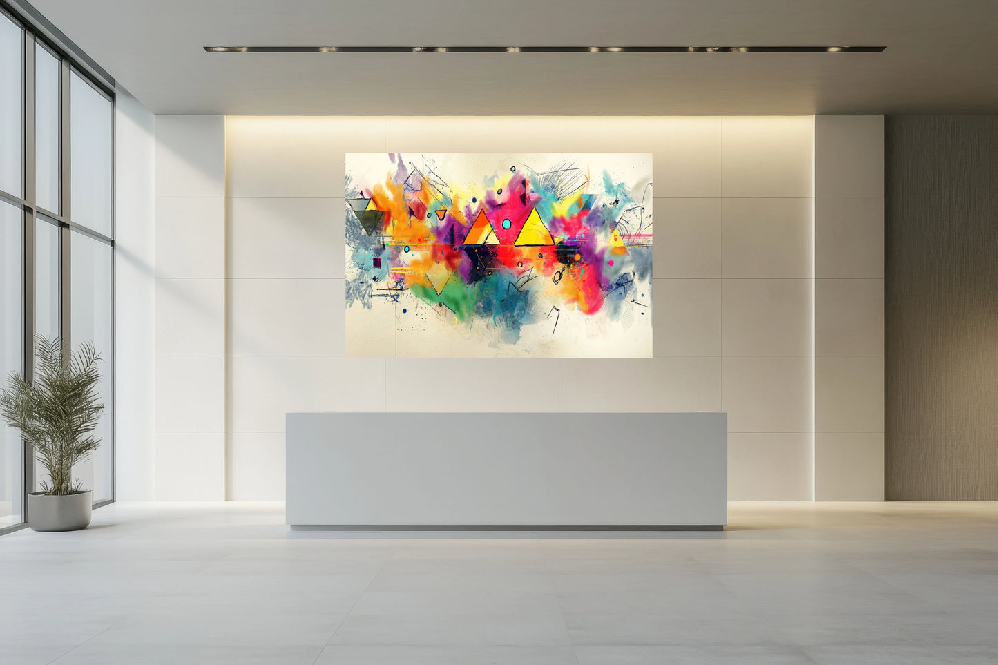 Modern interior with a colorful abstract painting on a wall.