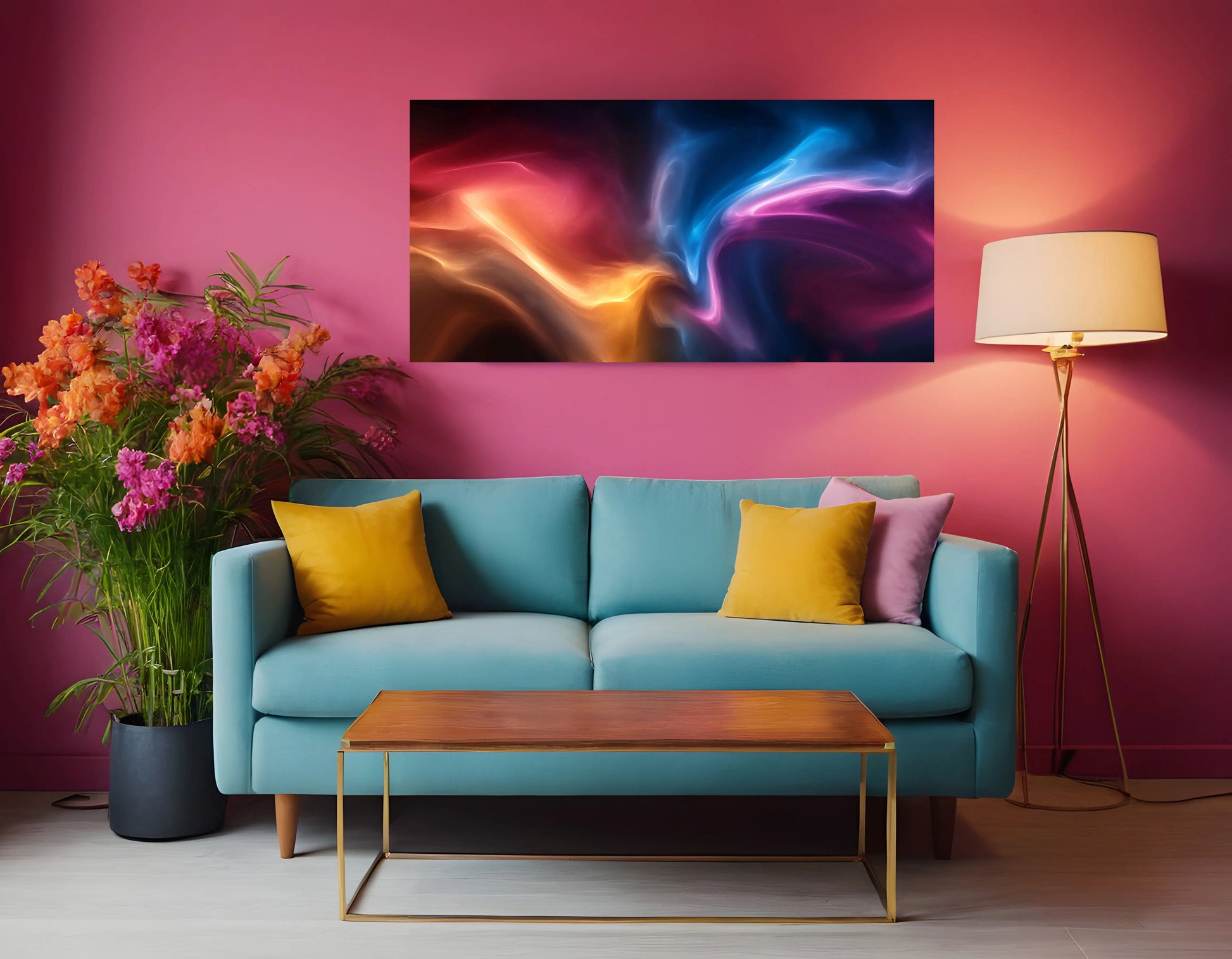 Modern living room with a blue sofa, colorful abstract painting, and decorative elements.