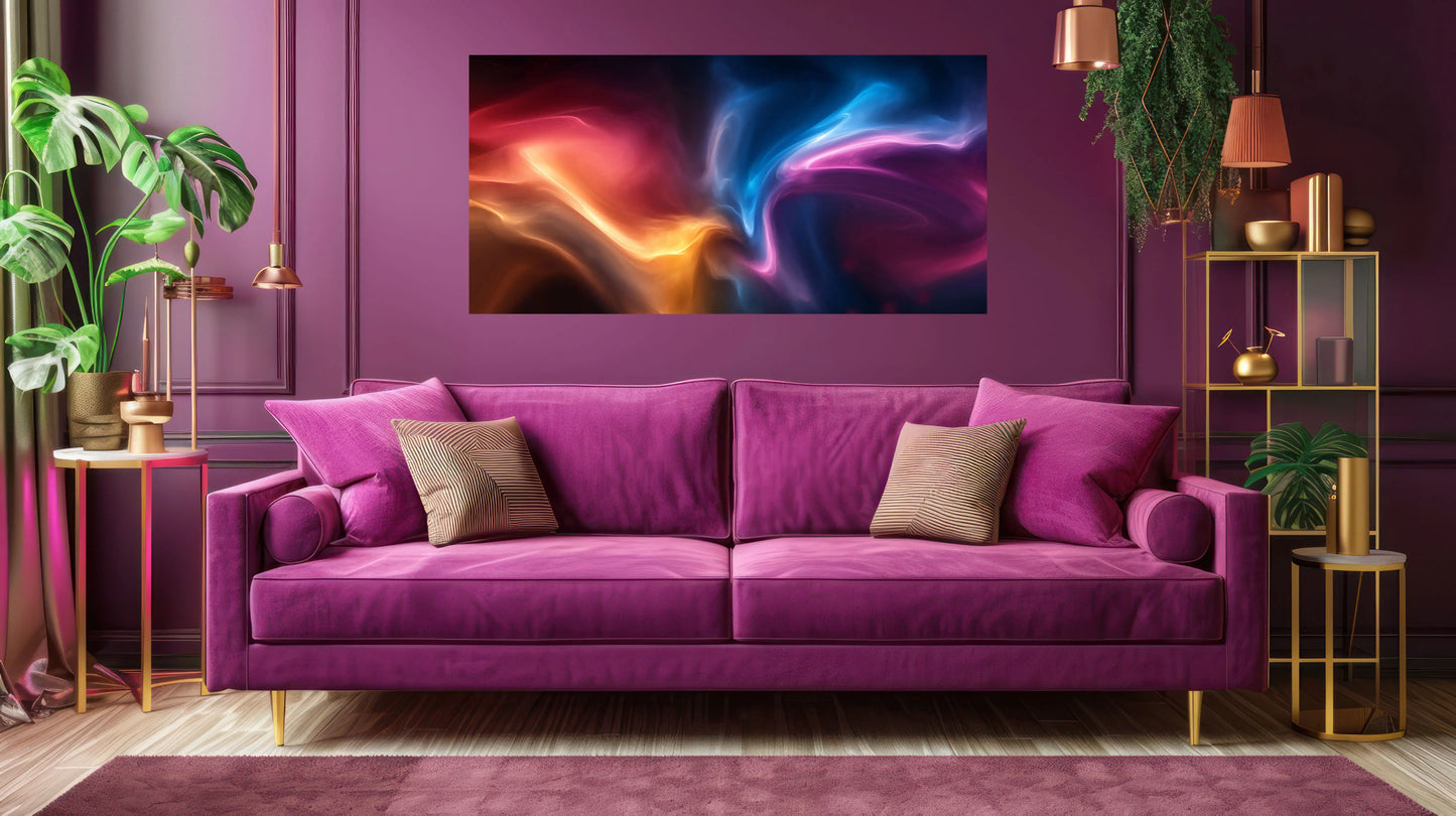 Purple sofa in a stylish living room with abstract art on the wall.