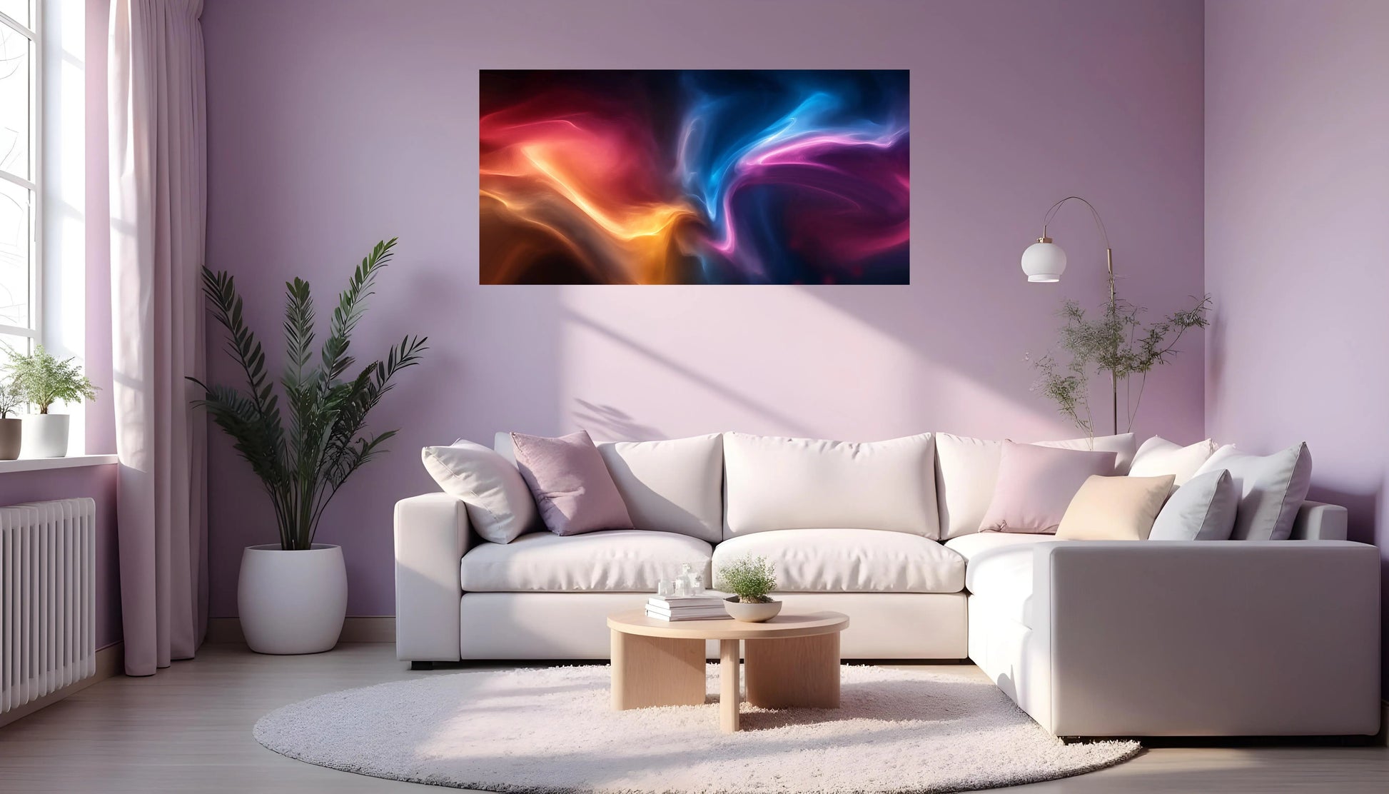 Modern living room with a colorful abstract painting on the wall.