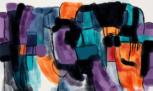 Abstract artwork with colorful geometric shapes.