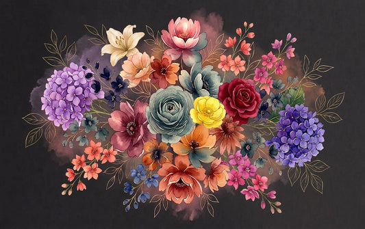 Midnight Bloomrise dark floral watercolor print — jewel-toned botanicals on charcoal.