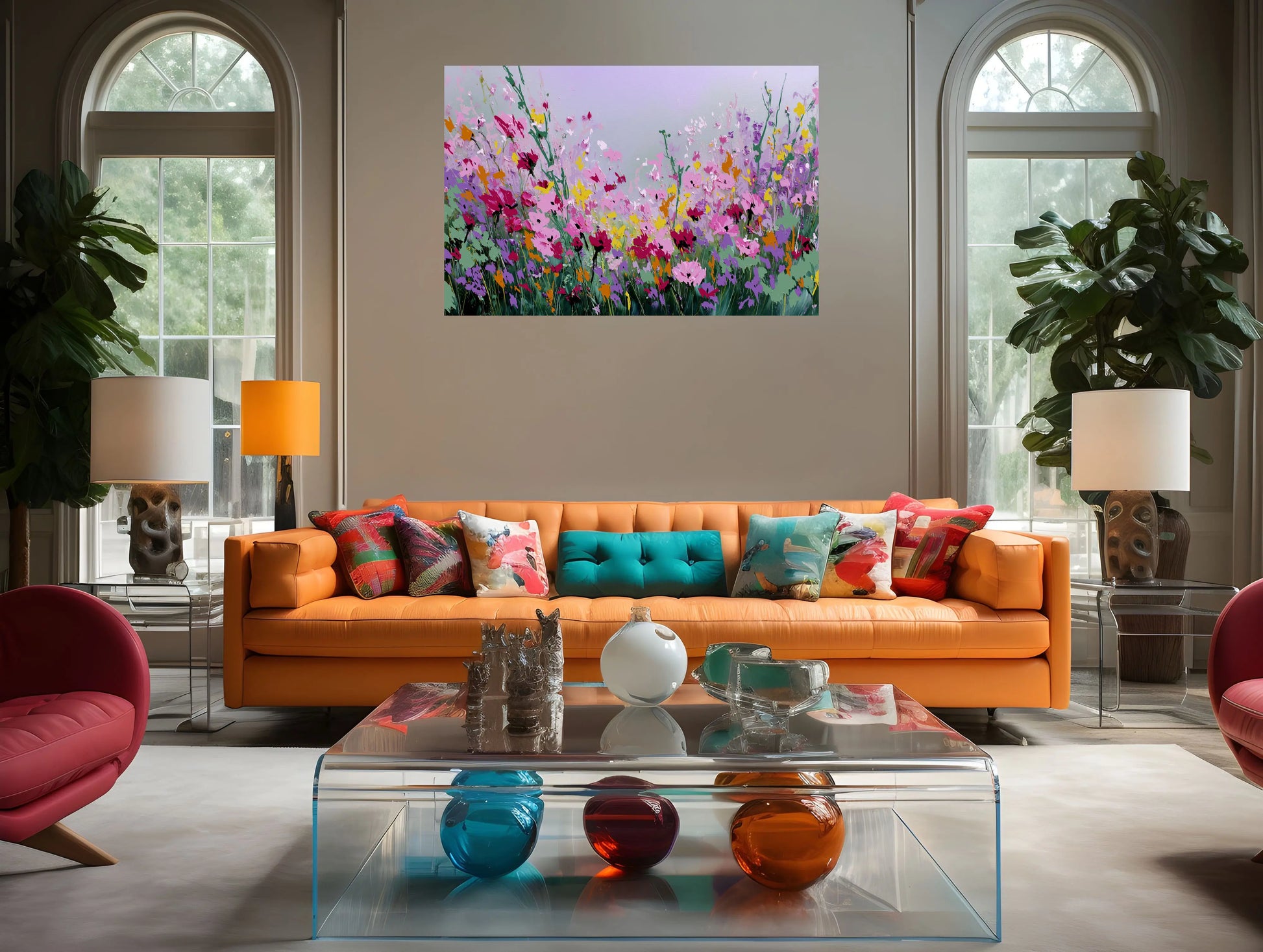 Modern living room with orange sofa, colorful pillows, and a glass coffee table.