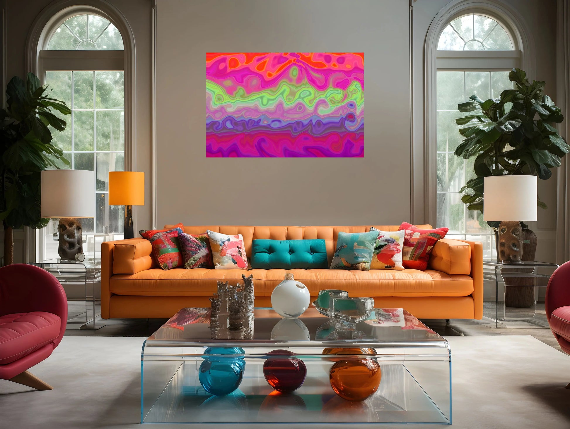 Modern living room with orange sofa, colorful abstract painting, and glass coffee table.