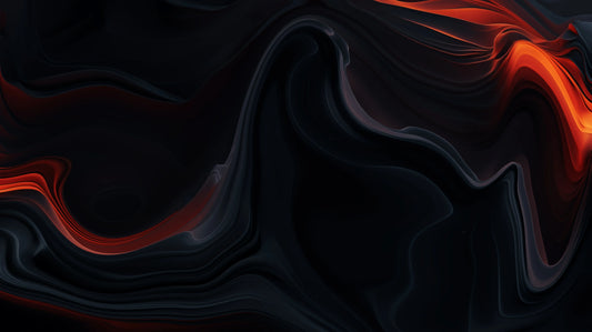 Abstract artwork with flowing black and orange colors on a dark background.