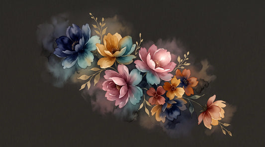 Watercolor-style floral arrangement with pink, blue, yellow, and orange blossoms on a dark charcoal background.
