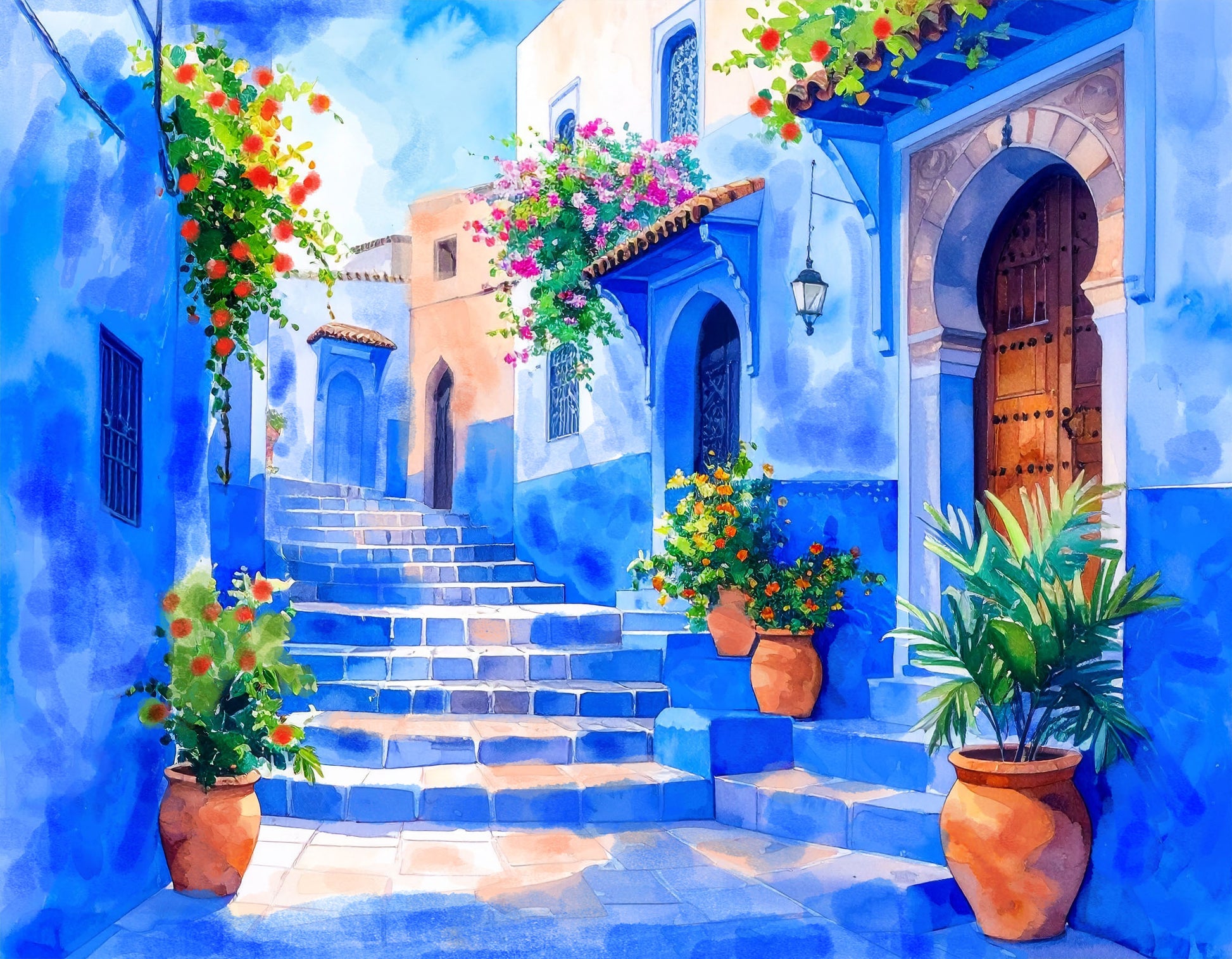 Colorful street scene with blue buildings, potted plants, and flowers.