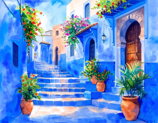 Colorful street scene with blue buildings, potted plants, and flowers.