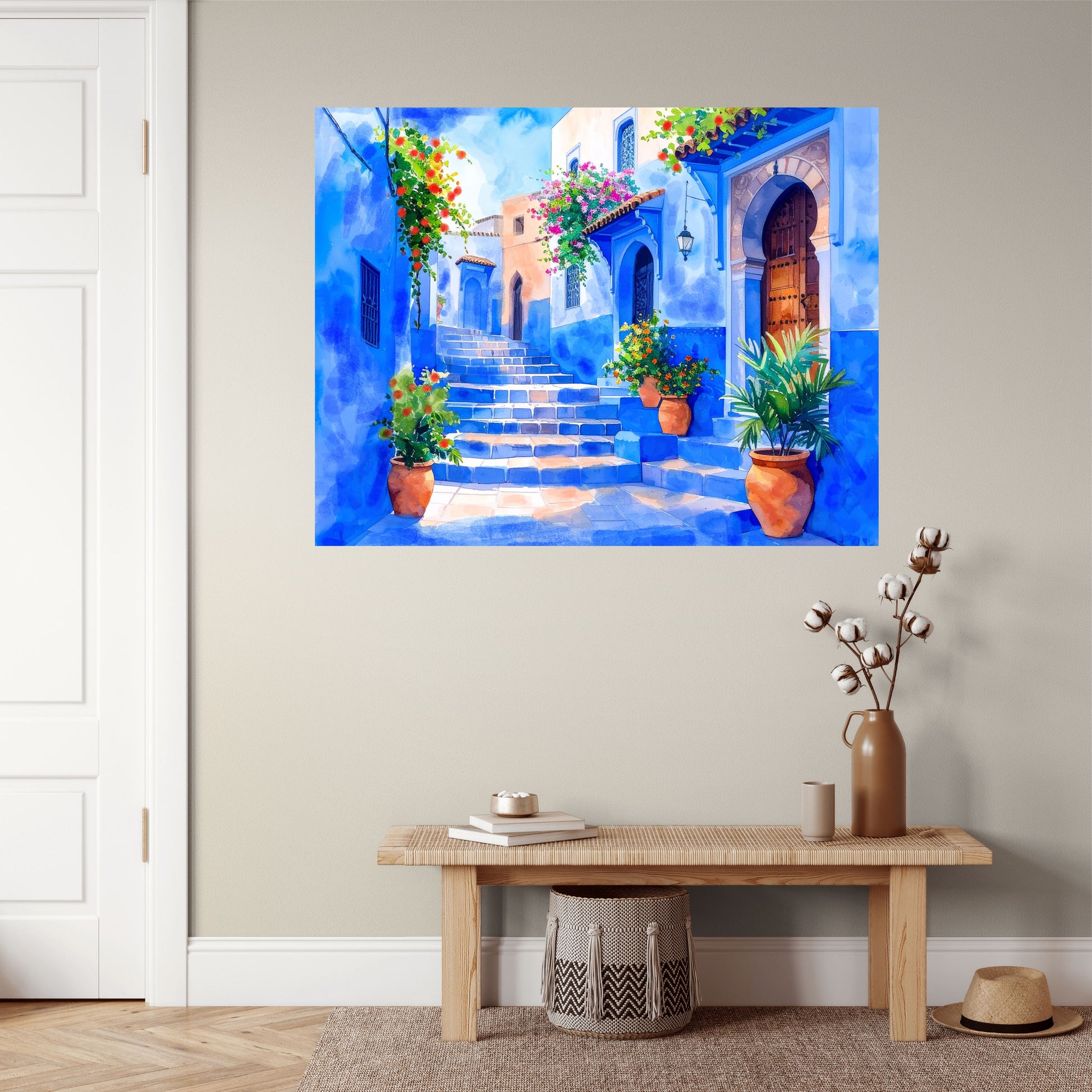 Colorful painting of a Mediterranean street with plants on a wall above a wooden bench.