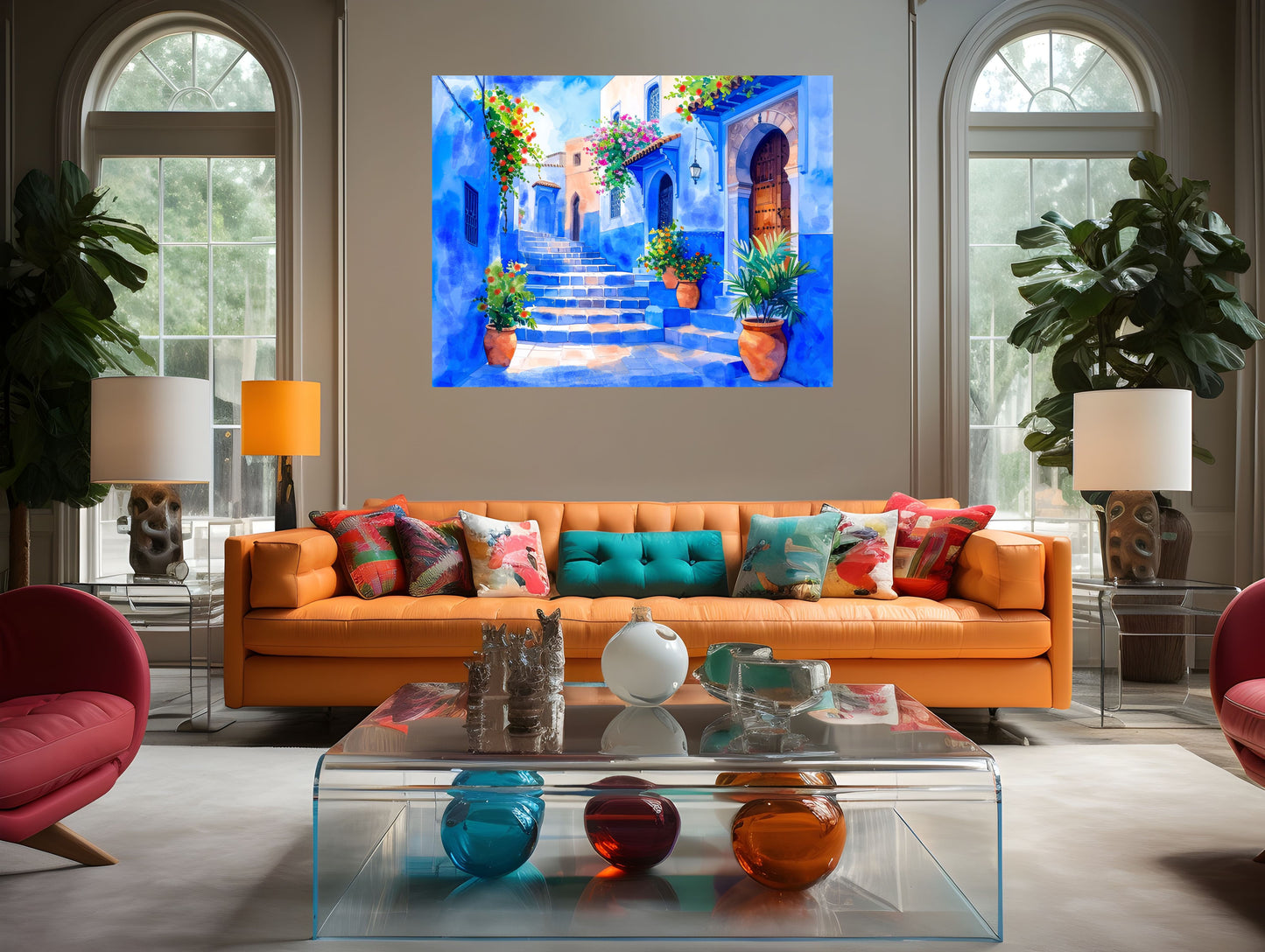 Living room with orange sofa, colorful pillows, and a painting of a blue street scene on the wall.