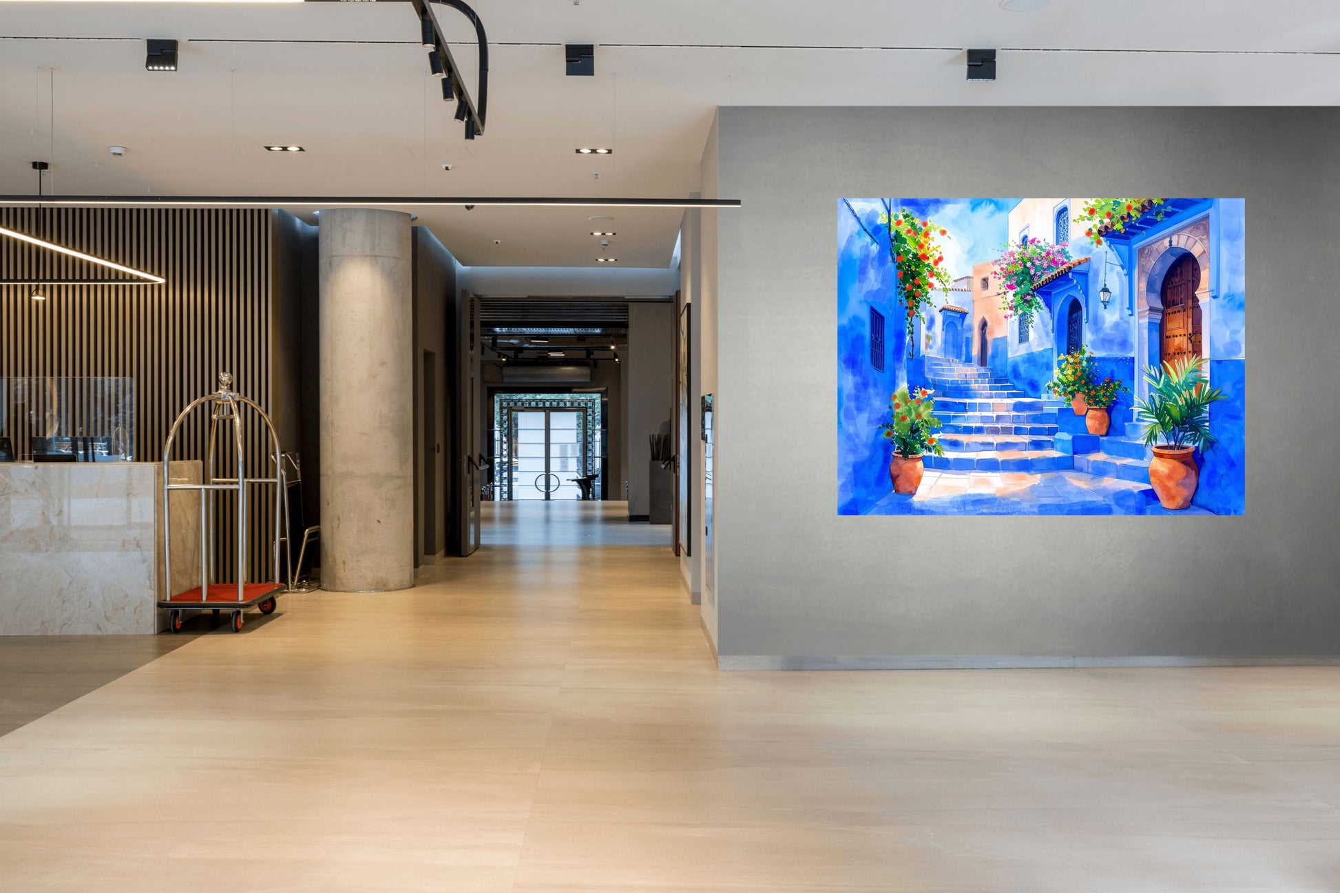 Modern interior with a large painting of a blue street scene on a wall.