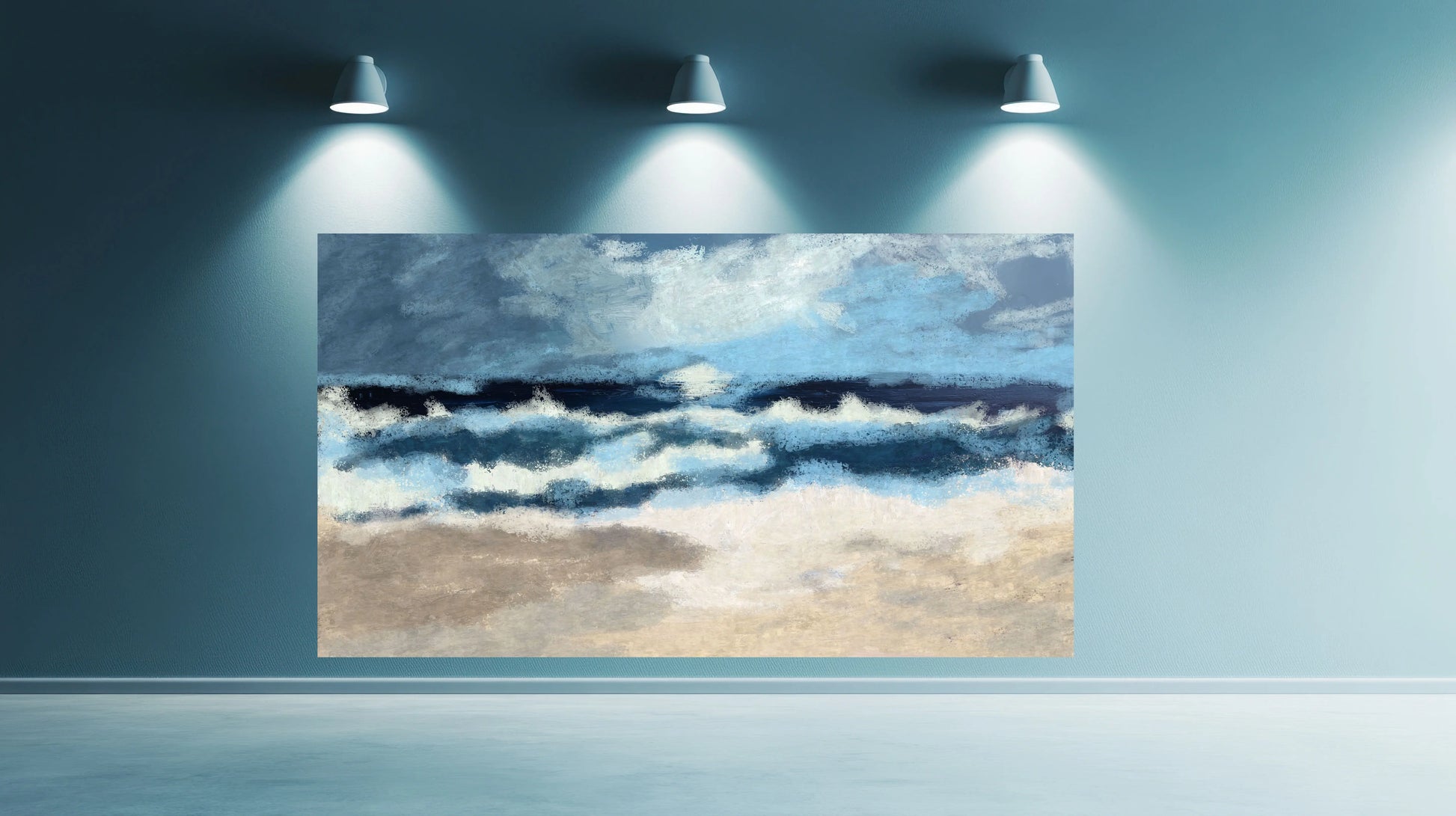 Artificial intelligence-generated image of a beach scene with waves and sand, displayed on a wall.