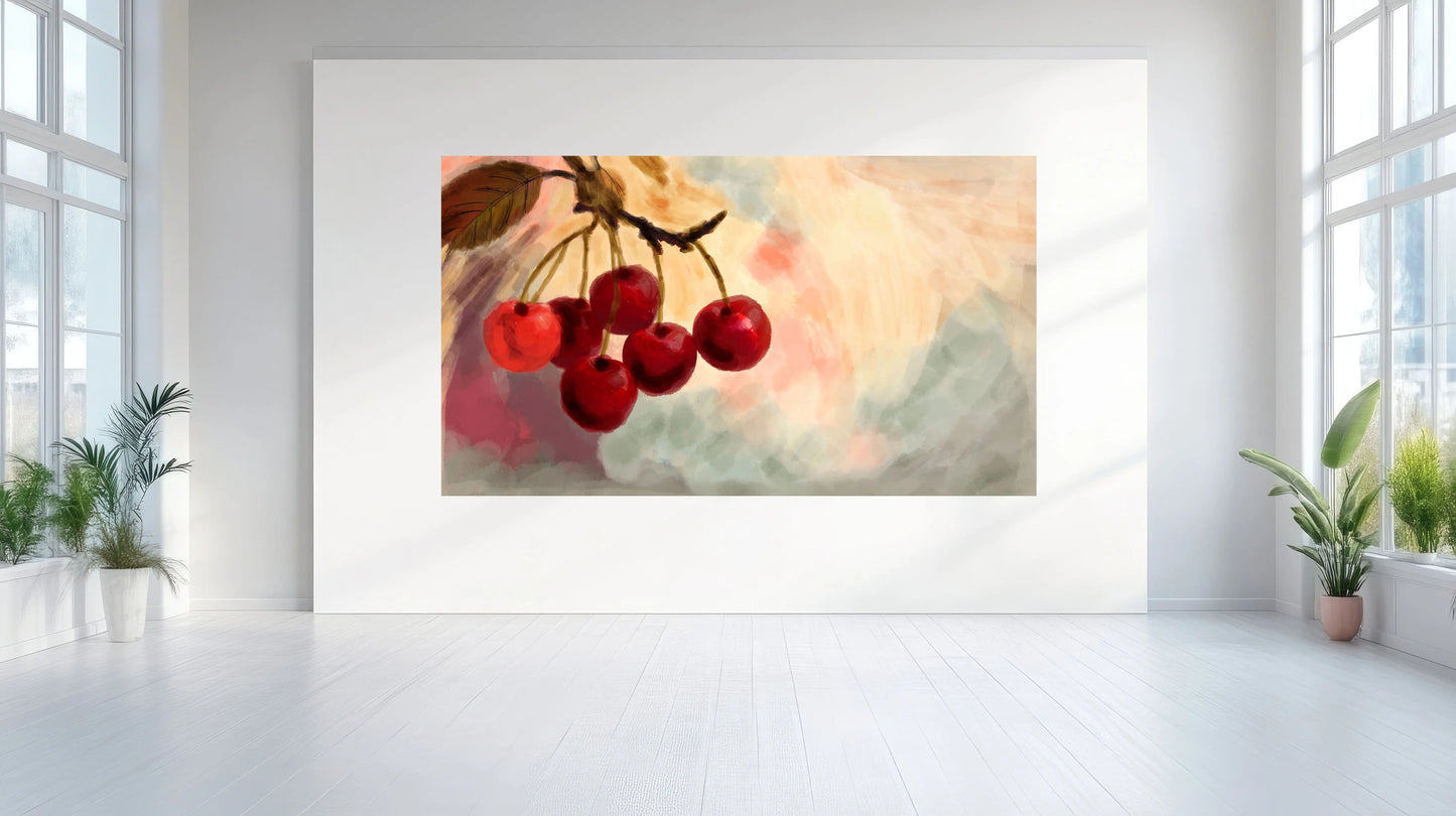 Framed artwork of cherries on a wall in a bright room with large windows.