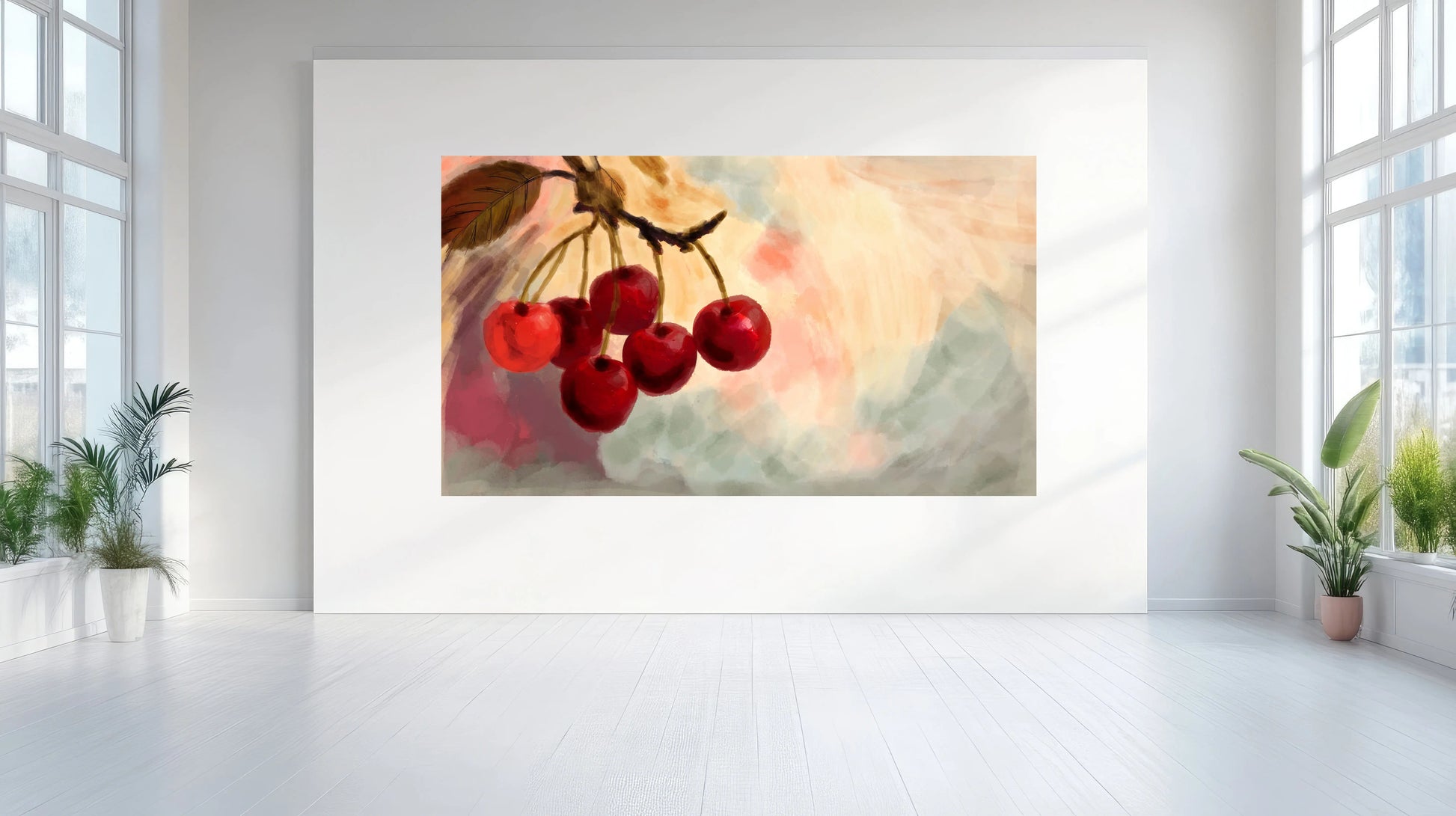 Framed artwork of cherries on a wall in a bright room with large windows.