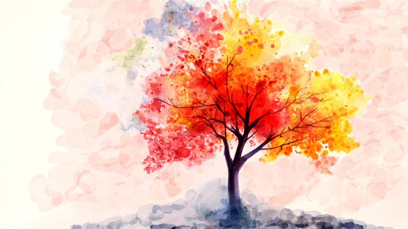 Colorful tree with red and yellow leaves on a watercolor background.