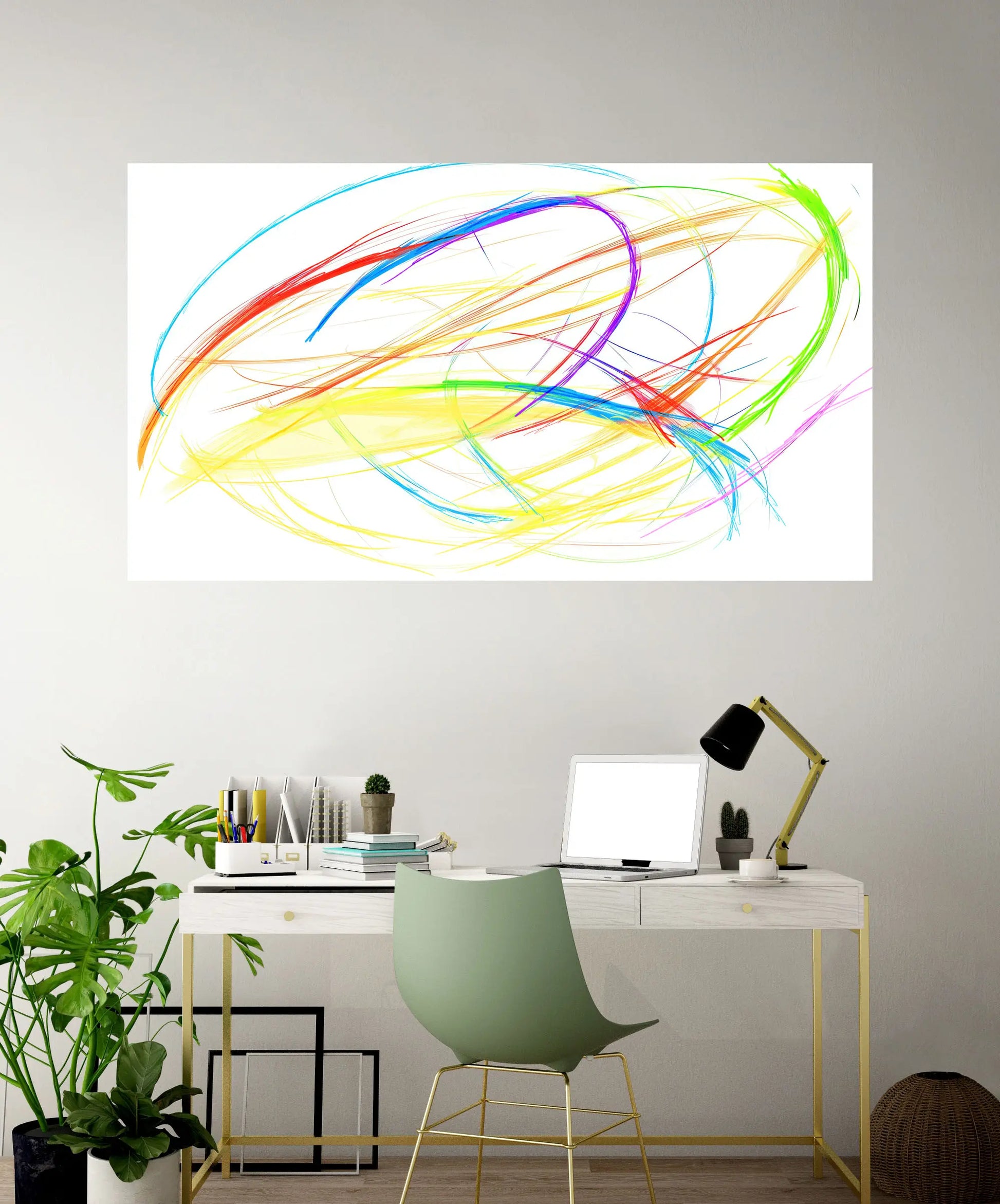 Colorful abstract wall art above a modern office desk with a chair.