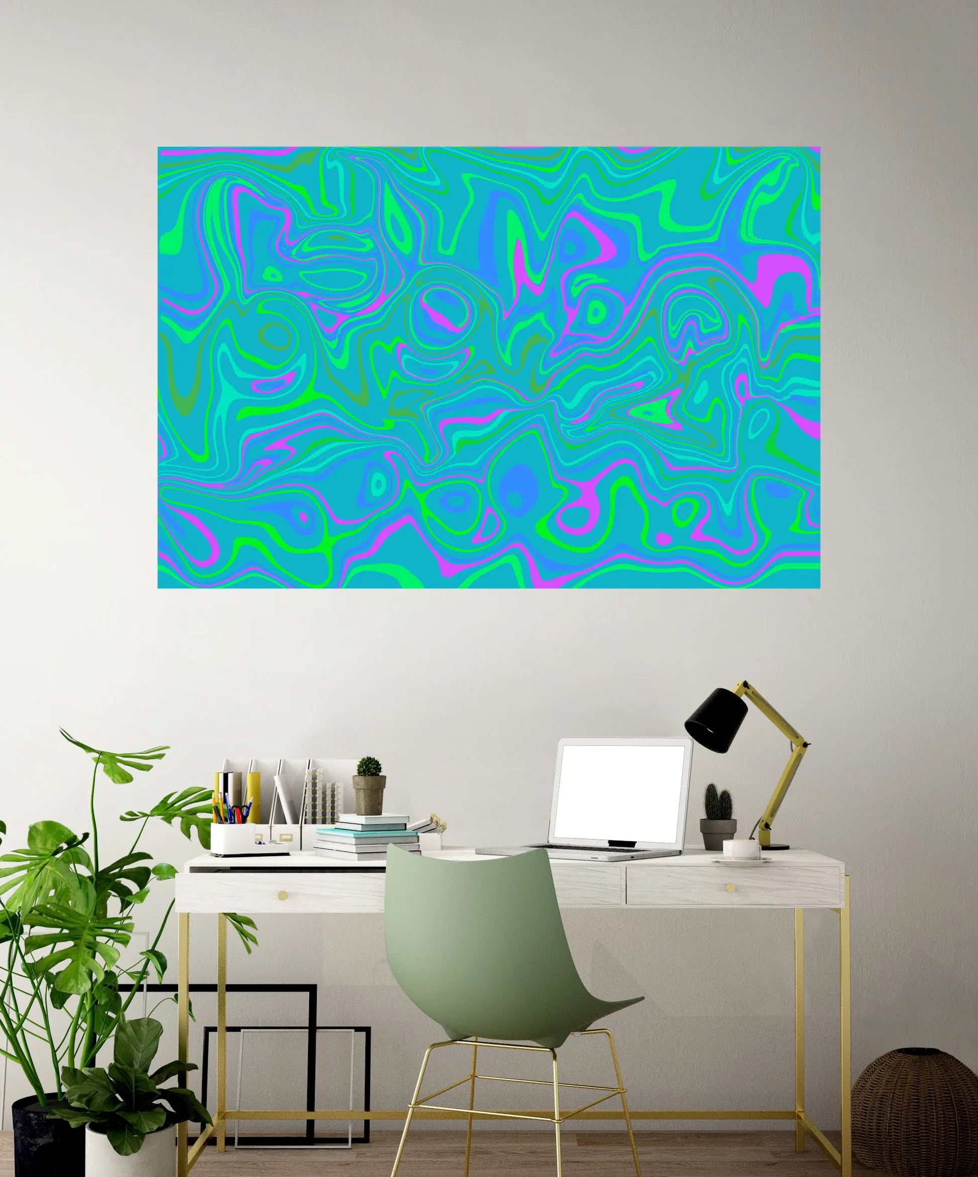 Abstract colorful pattern on a wall above a modern desk setup.