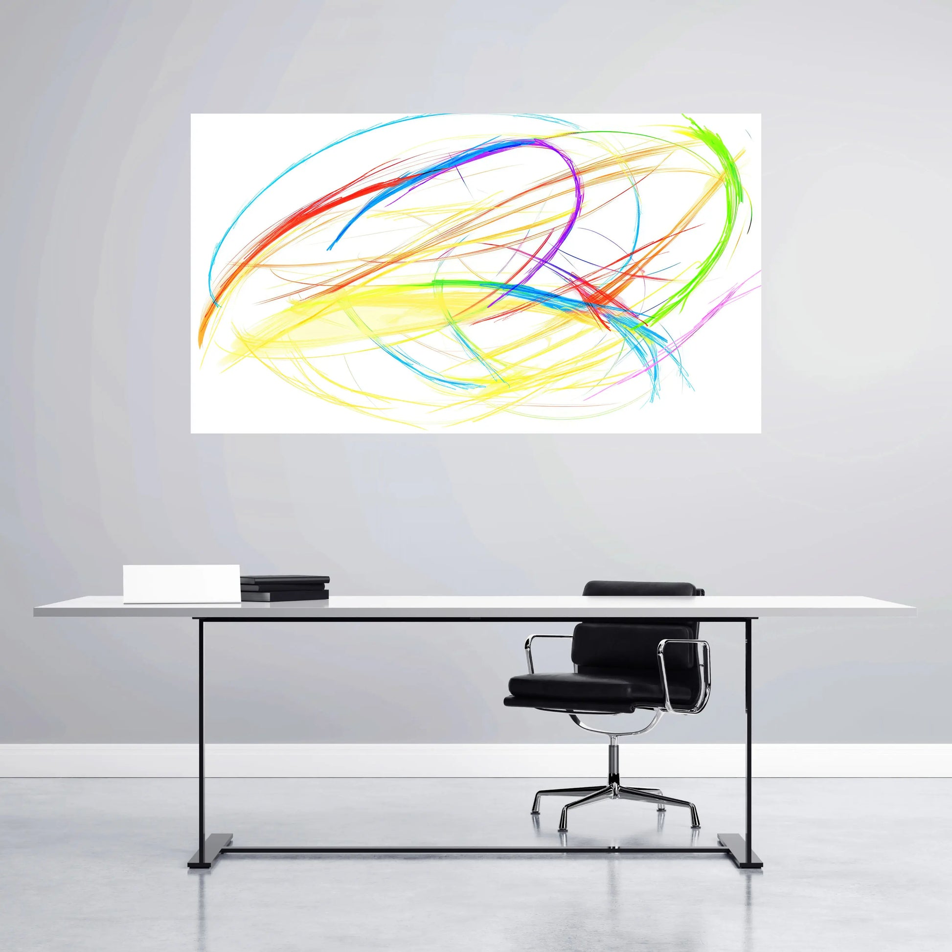 Modern office setup with a colorful abstract painting on the wall.