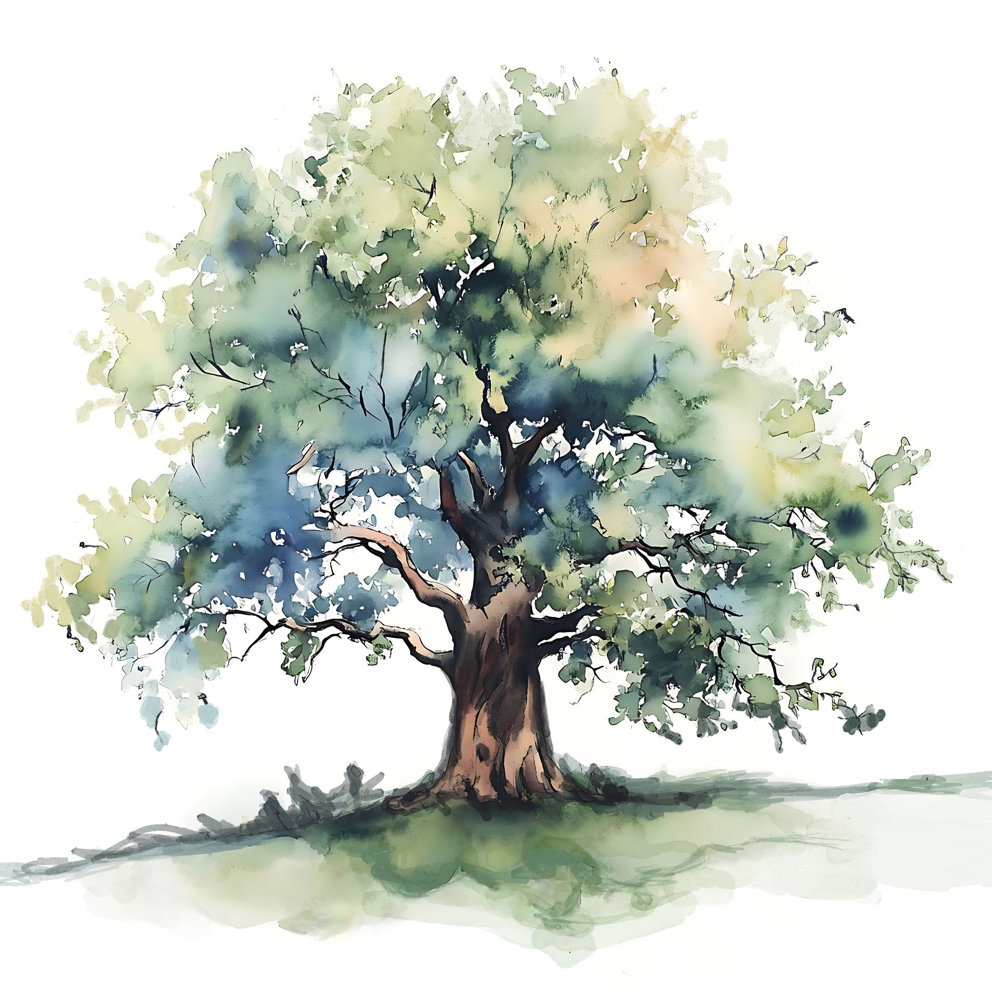Watercolor painting of a tree with green and blue leaves on a white background.