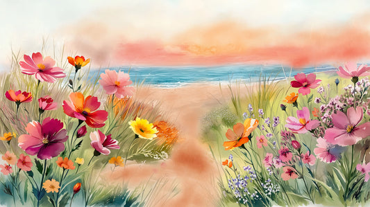 A colorful watercolor-style painting of a sandy path leading to the ocean, framed by abundant pink, orange, yellow, and purple flowers in the foreground under a soft pastel sky.