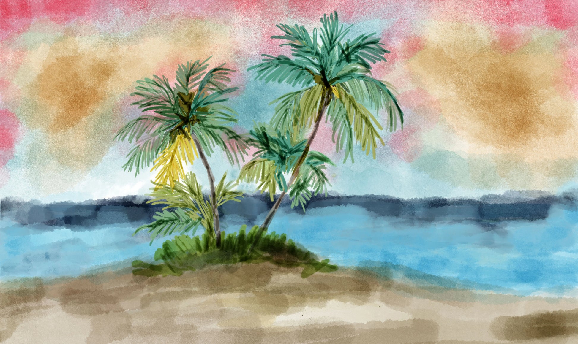 Palmlight Cove – serene tropical island watercolour art print with leaning palms, warm sand tones, blush pink sky and cool ocean blues, by Phillip J Gordon. Instant digital download printable wall art.