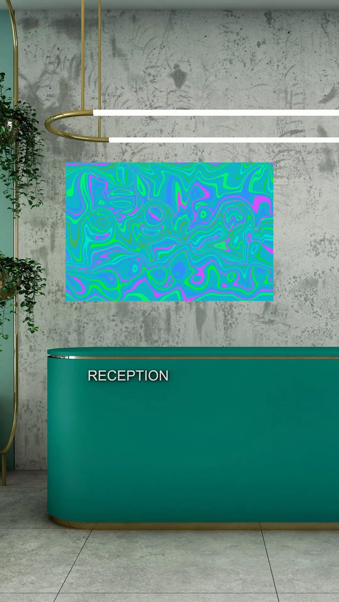 Teal reception desk with abstract art on a gray wall.