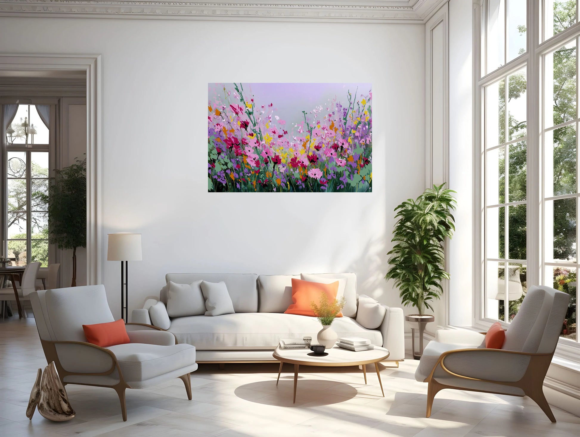 Modern living room with a floral painting on the wall.