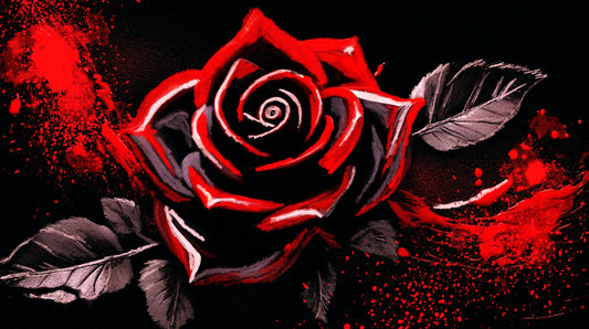 Red rose with black and gray leaves on a dark background.