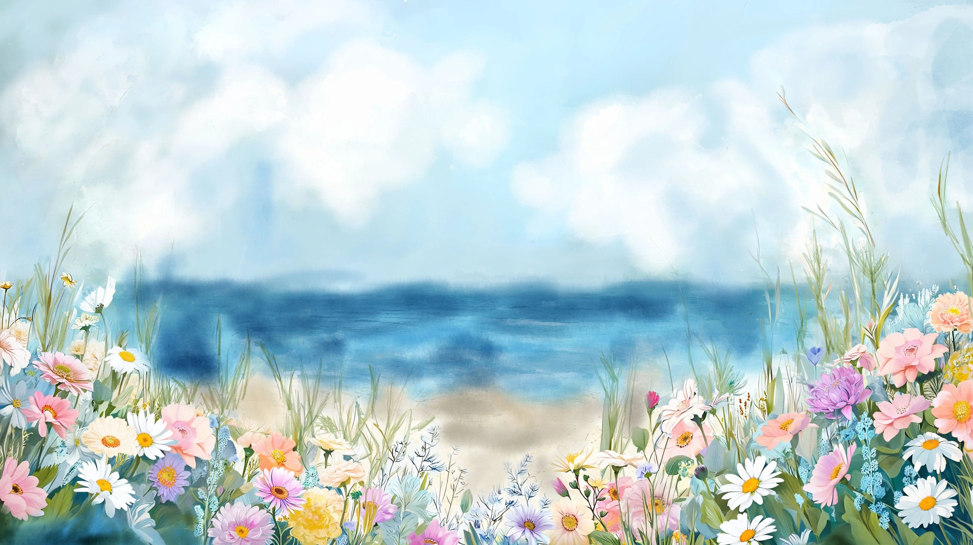 Watercolor-style coastal landscape artwork showing a soft blue ocean under a pale sky with white clouds, framed by pastel wildflowers in pink, white, yellow, and purple along the bottom and sides.