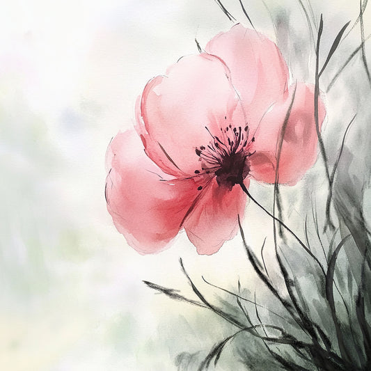 Pink flower with green leaves on a light background.
