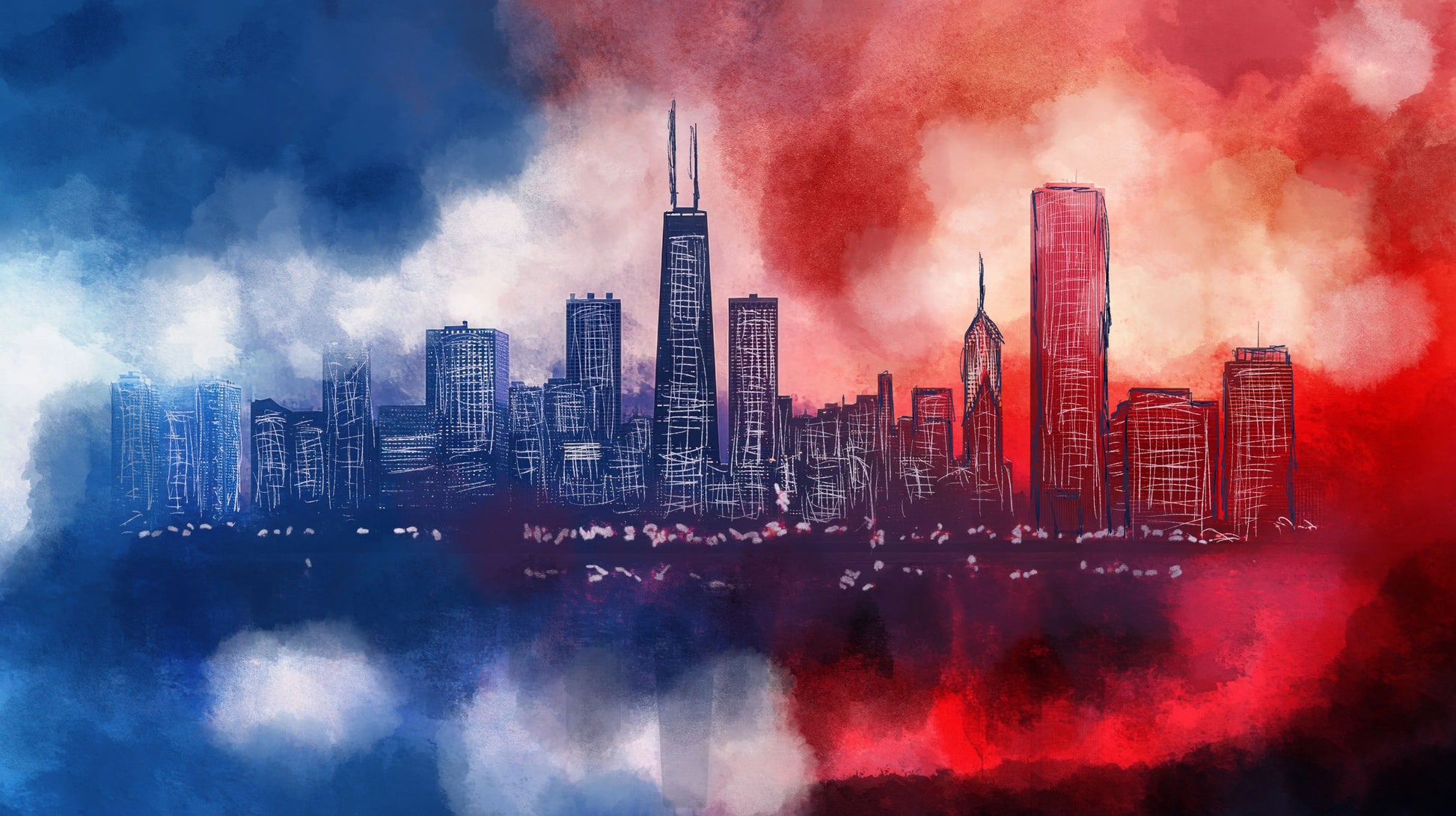 Colorful abstract skyline with blue, red, and white hues.