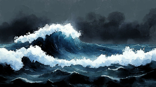 A dramatic painted seascape showing dark blue and black ocean waves with white sea foam under a stormy gray sky.