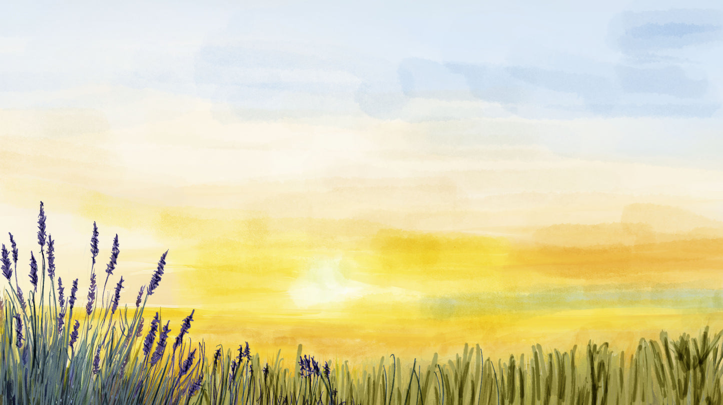 Watercolor painting of a field with lavender and a sunset.