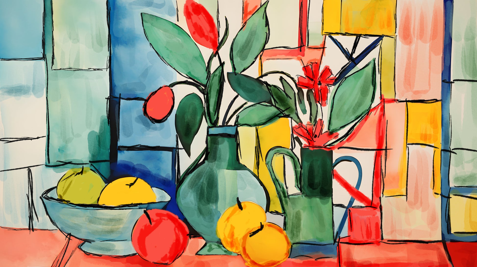 Colorful still life painting with flowers, fruits, and vases against a geometric background.