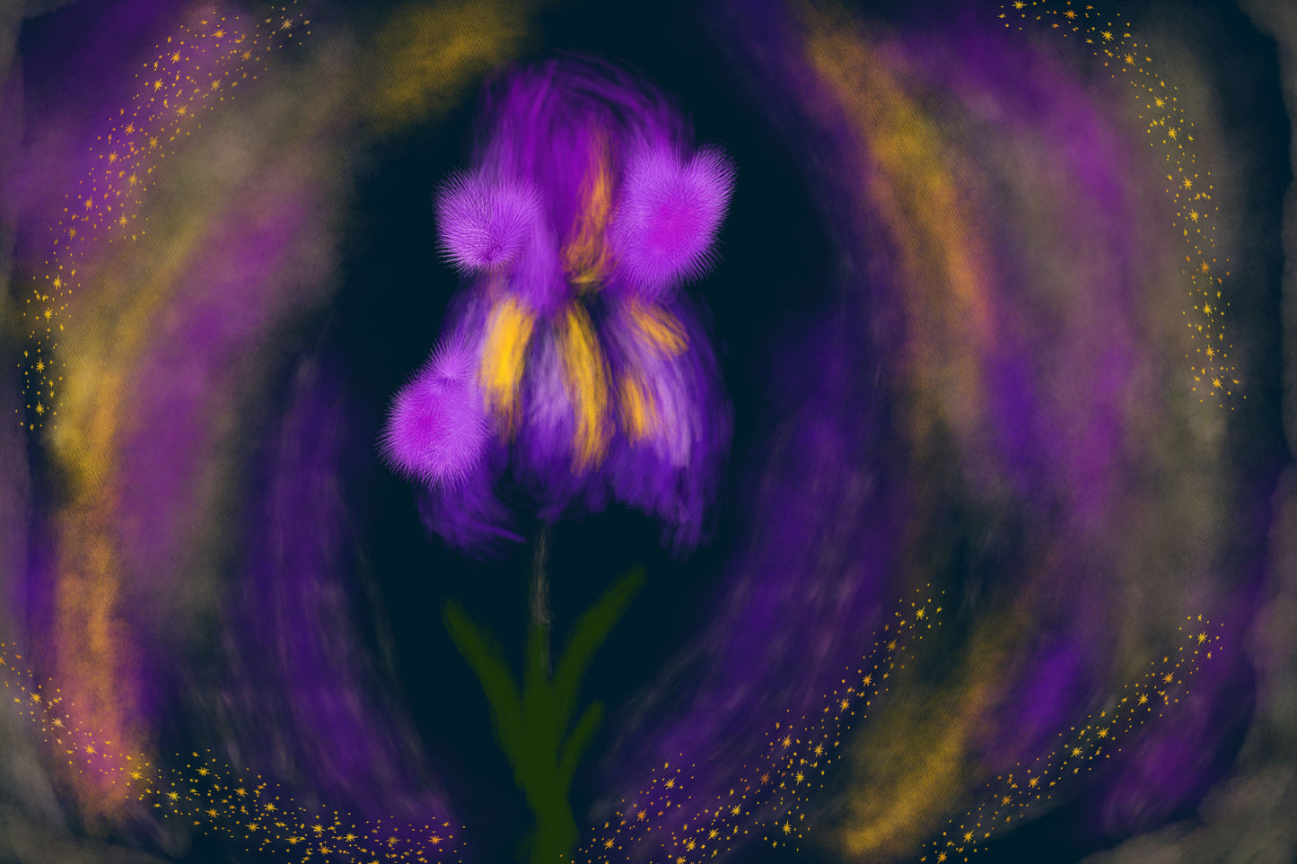 Purple flower with yellow center against a dark background.