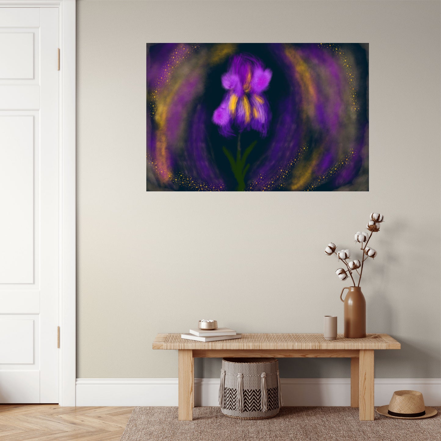 Purple floral painting on a wall above a wooden bench with decorative items.