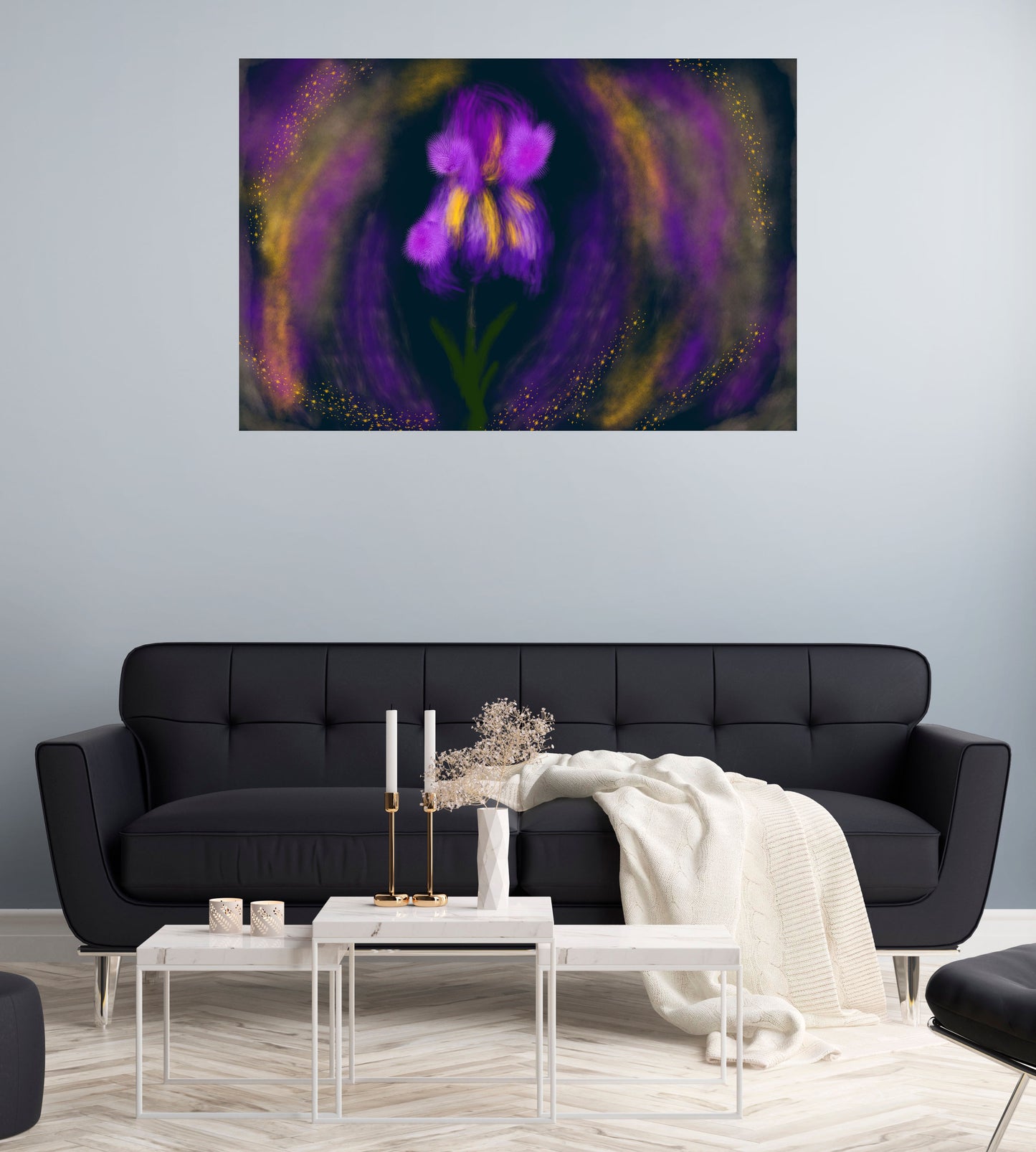 Living room with a black sofa, white coffee table, and abstract purple flower painting on the wall.