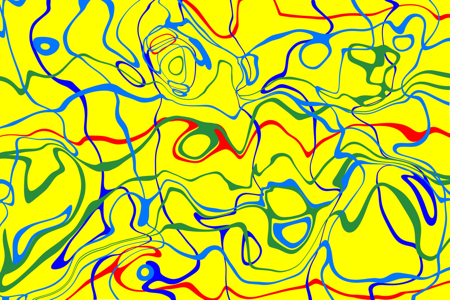 Abstract colorful pattern with wavy lines on a yellow background.