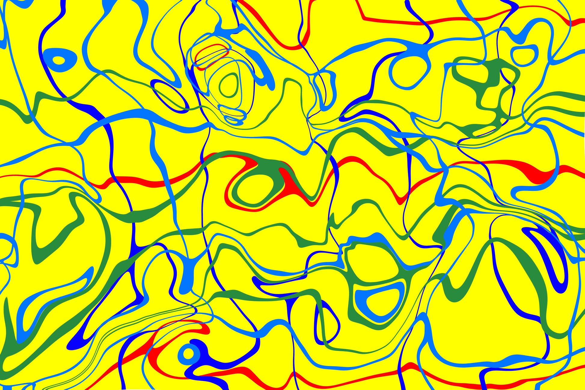 Abstract colorful pattern with wavy lines on a yellow background.