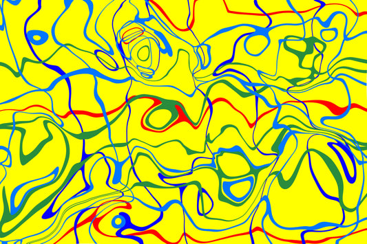 Abstract colorful pattern with wavy lines on a yellow background.